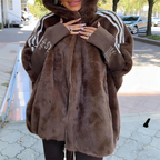 Aarenzza women’s mink fur hooded zip-up coat, plush warm winter outerwear with a stylish hood and full zipper closure.