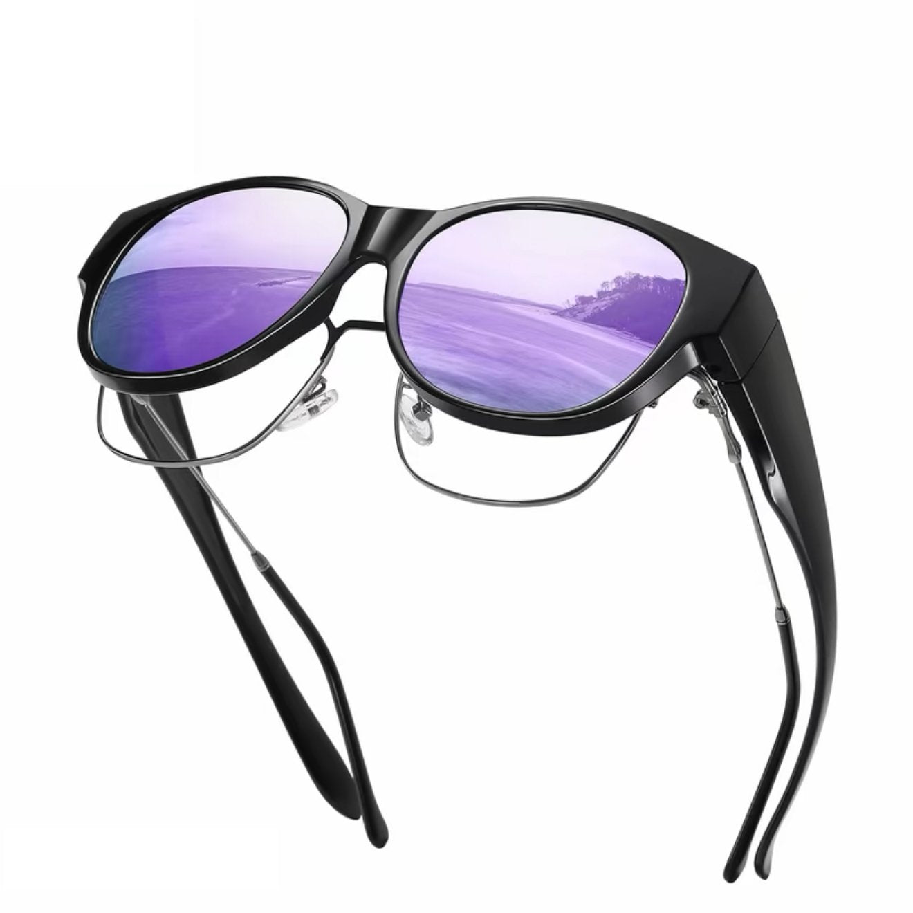 A pair of Arenzza oversized cat eye sunglasses with polarized UV400 protection, featuring black frames and dark tinted lenses.