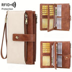A women's RFID blocking leather wallet by Arenzza with multiple card slots and a sleek, compact design.