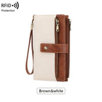 A women’s leather wallet by Arenzza with RFID blocking features, showing its compact design and multiple card slots.