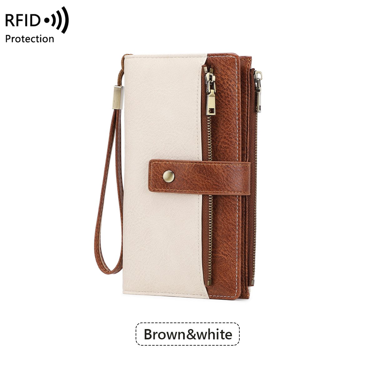 A women’s leather wallet by Arenzza with RFID blocking features, showing its compact design and multiple card slots.