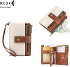 A women's leather wallet by Arenzza with RFID blocking features, shown open displaying multiple card slots and a coin pocket.