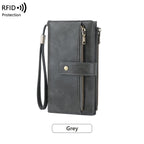 A women's leather wallet by Arenzza with RFID blocking features, shown with multiple card slots and a sleek design.