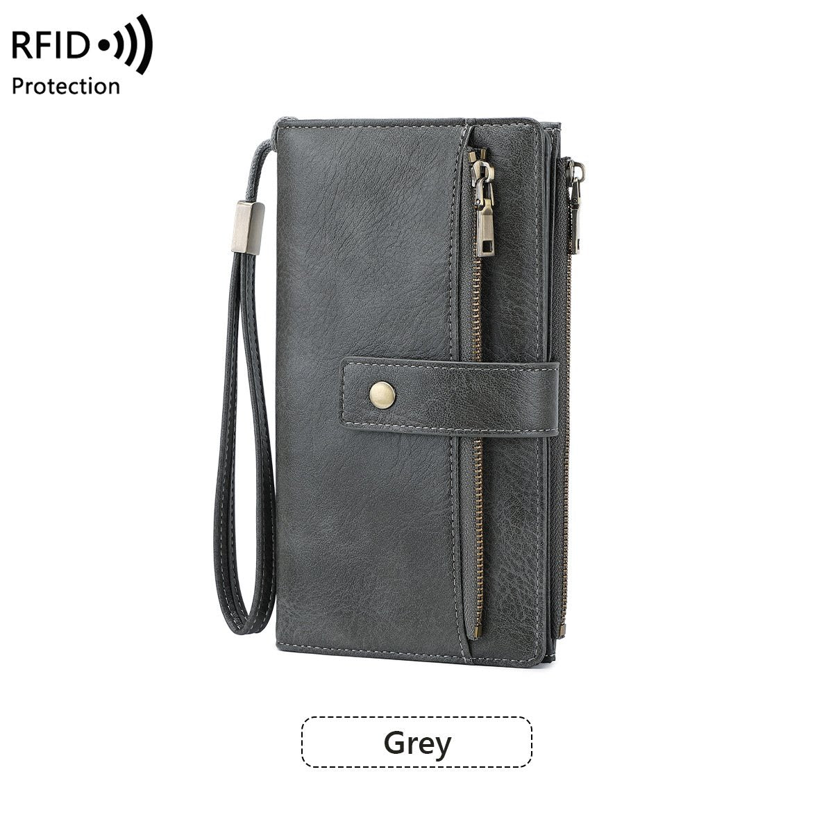 A women's leather wallet by Arenzza with RFID blocking features, shown with multiple card slots and a sleek design.