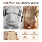 Aarenza plus-size high-waist cross tummy control panties in three packs, featuring seamless design and tummy slimming fit.