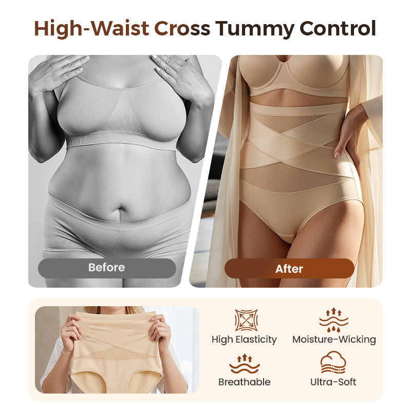 Aarenza plus-size high-waist cross tummy control panties in three packs, featuring seamless design and tummy slimming fit.