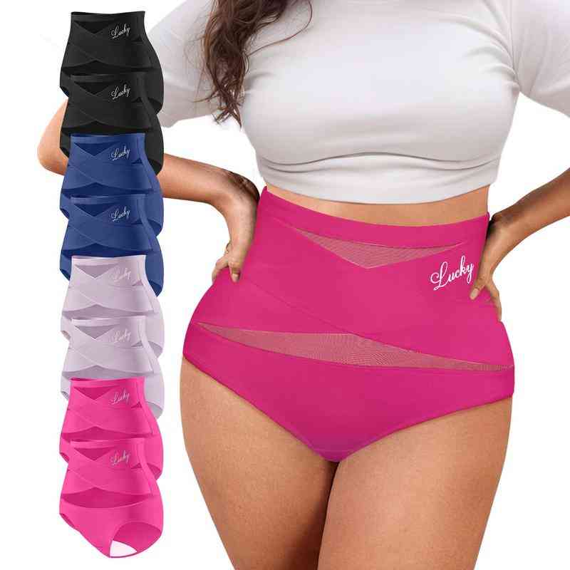A plus-size Arenzza high-waist cross tummy control panties in black, designed for shaping and support, shown on a model.