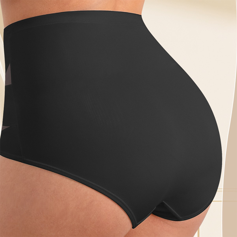 Aarenza plus-size high-waist cross tummy control panties in black, designed for shaping and tummy support, shown on a model.