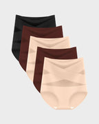 Plus-size high-waist cross tummy control panties by Arenzza, shown in a mixed color pack, designed for shaping and comfort.