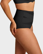 Black plus-size high-waist cross tummy control panties from Arenzza, designed for shaping and comfort.