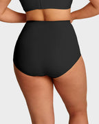 Black plus-size high-waist cross tummy control panties from Arenzza, designed for shaping and support.