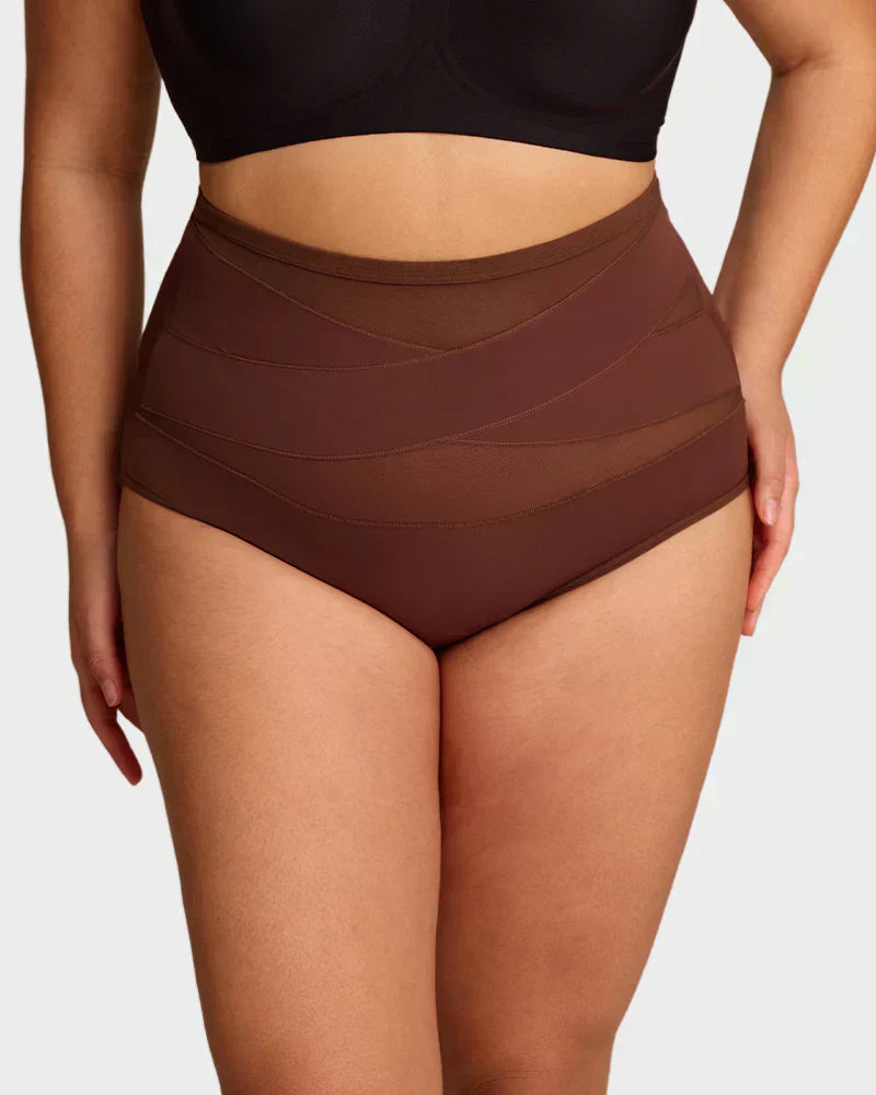 Plus-size high-waist cross tummy control panties in coffee color, from Arenzza, designed for shaping and support.