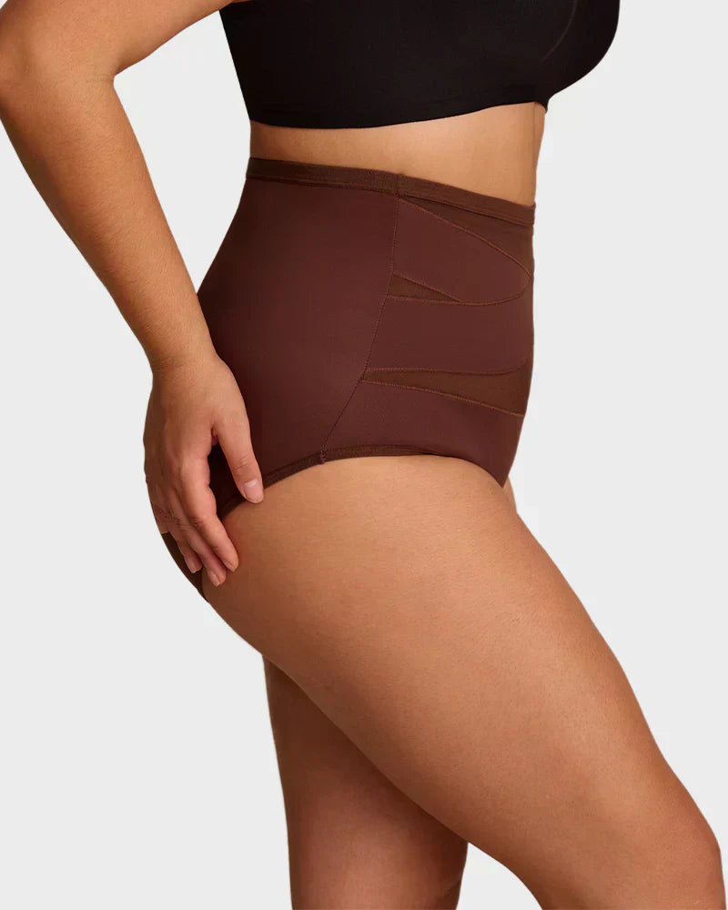 Plus-size high-waist cross tummy control panties by Arenzza in coffee color, designed for shaping and comfort.