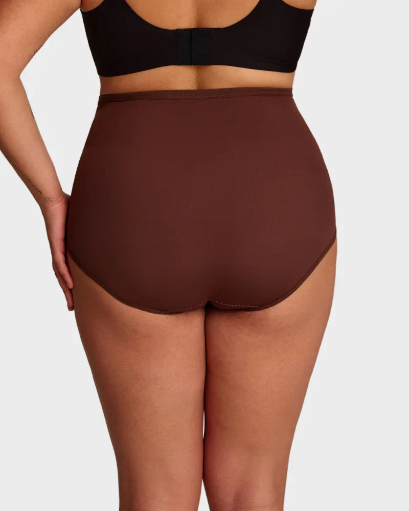 Plus-size high-waist cross tummy control panties by Arenzza, in coffee color, designed for shaping and comfort.