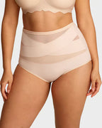 A nude plus-size high-waist cross tummy control panties by Arenzza, showing the stretchy, supportive fabric design.