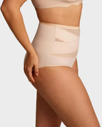 Plus-size nude high-waist cross tummy control panties by Arenzza, designed for shaping and support.