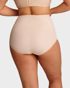 A nude plus-size high-waist cross-tummy control panties from Arenzza, designed to shape and smooth the waist area.