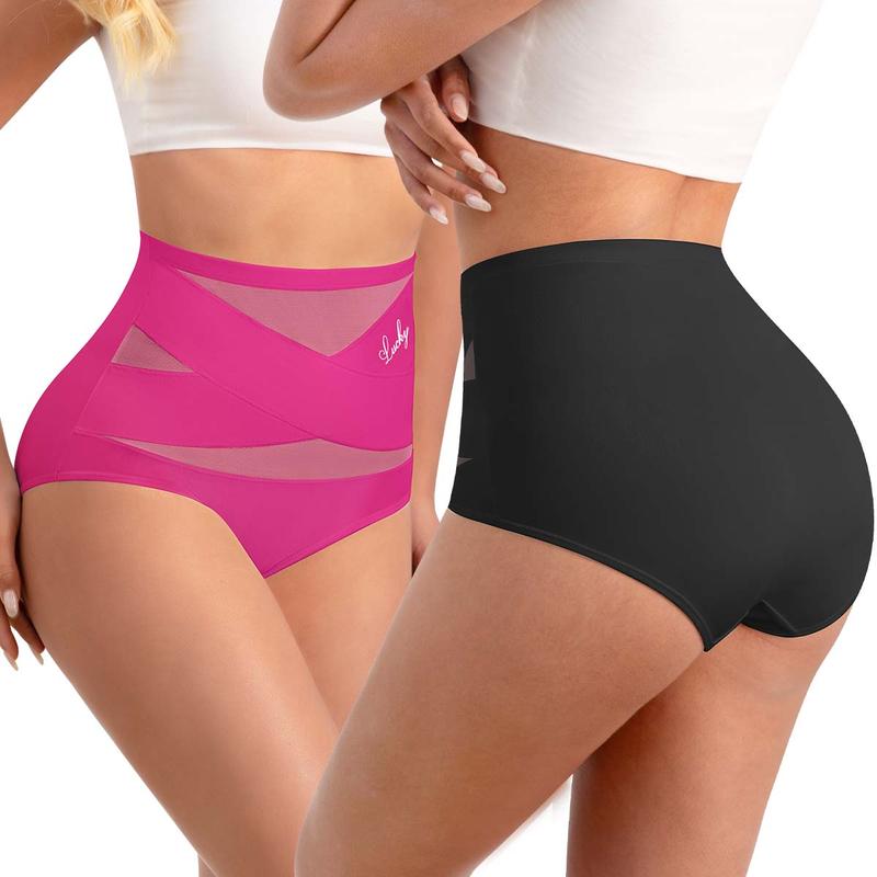 Arenzza plus-size high-waist cross tummy control panties in black, designed for shaping and comfort, shown on a model.