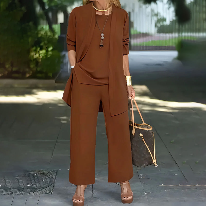 Elegant women's relaxed fit 3-piece set by Arenzza, featuring minimalist wide-leg pants, cardigan, and top in luxe stretch fabric.