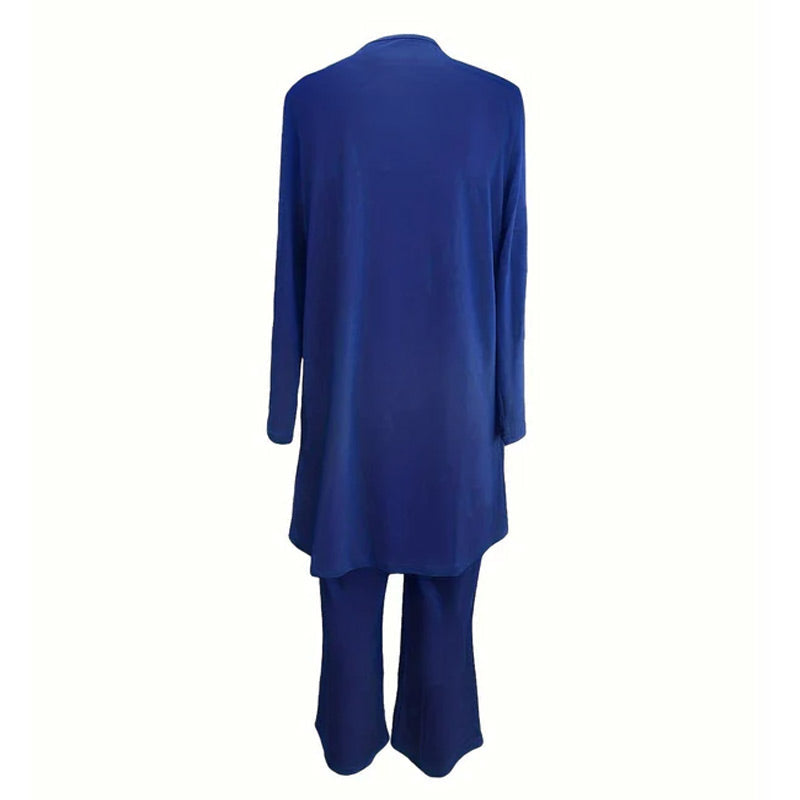 Elegant women’s 3-piece clothing set by Arenzza featuring wide-leg pants, cardigan, and top in luxe stretch fabric.