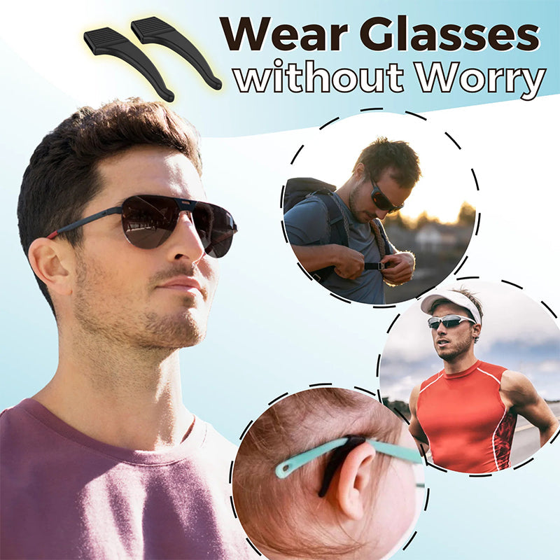 Arenzza anti-slip silicone ear hook for glasses, shown attached to eyeglasses to improve fit and prevent slipping.