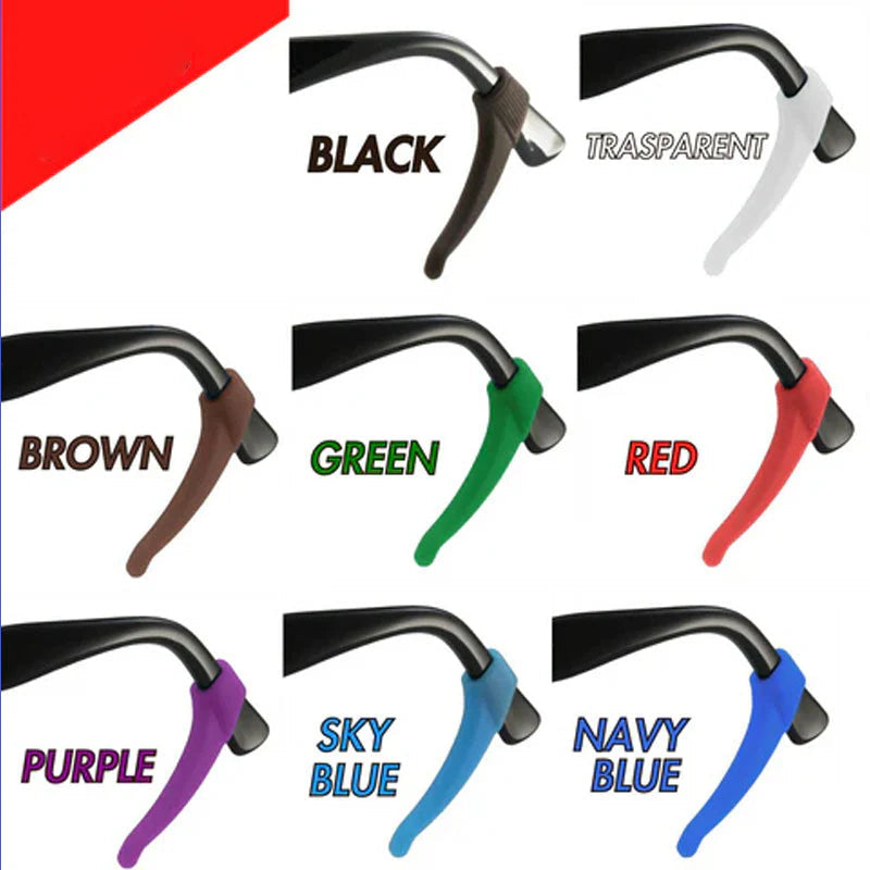 Arenzza anti-slip silicone ear hook for glasses shown on clear background, designed to secure eyeglasses comfortably and prevent slipping.