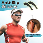 Arenzza anti-slip silicone ear hook for glasses, shown attached to eyeglasses to prevent slipping, in a close-up view.