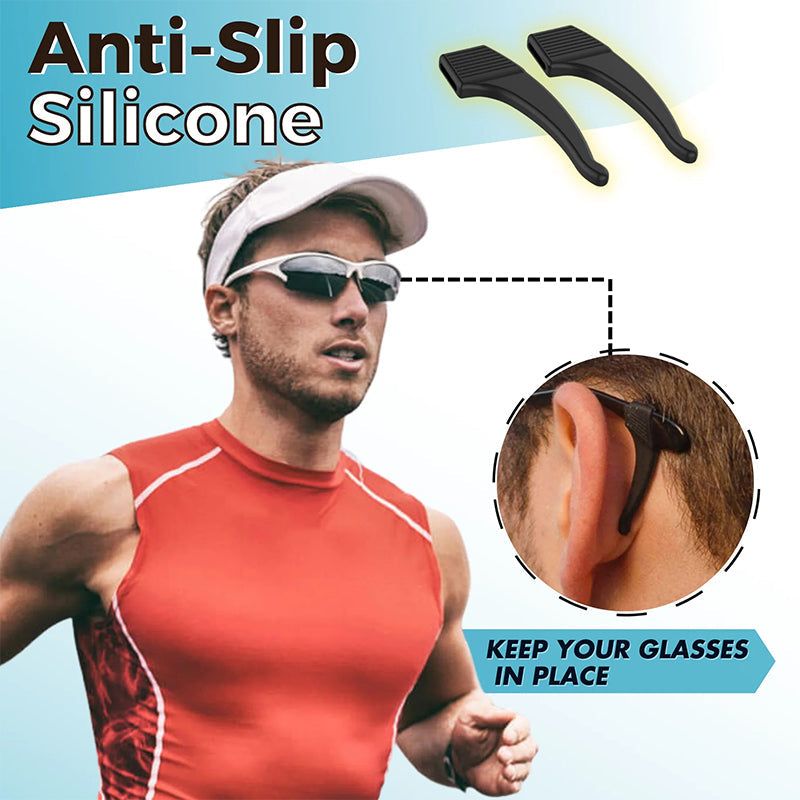 Arenzza anti-slip silicone ear hook for glasses, shown attached to eyeglasses to prevent slipping, in a close-up view.