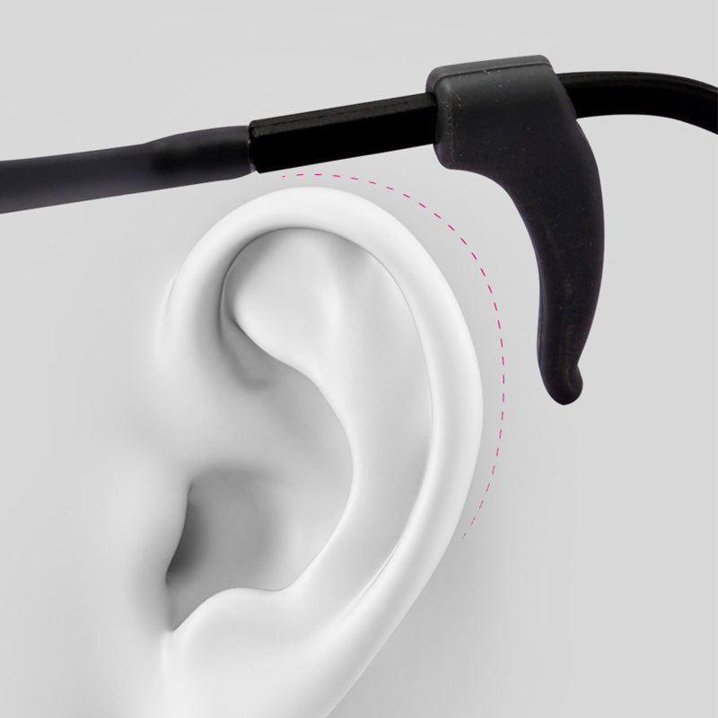 Arenzza anti-slip silicone ear hook for glasses, shown attached to clear eyeglasses with a flexible, secure fit for comfortable wear.