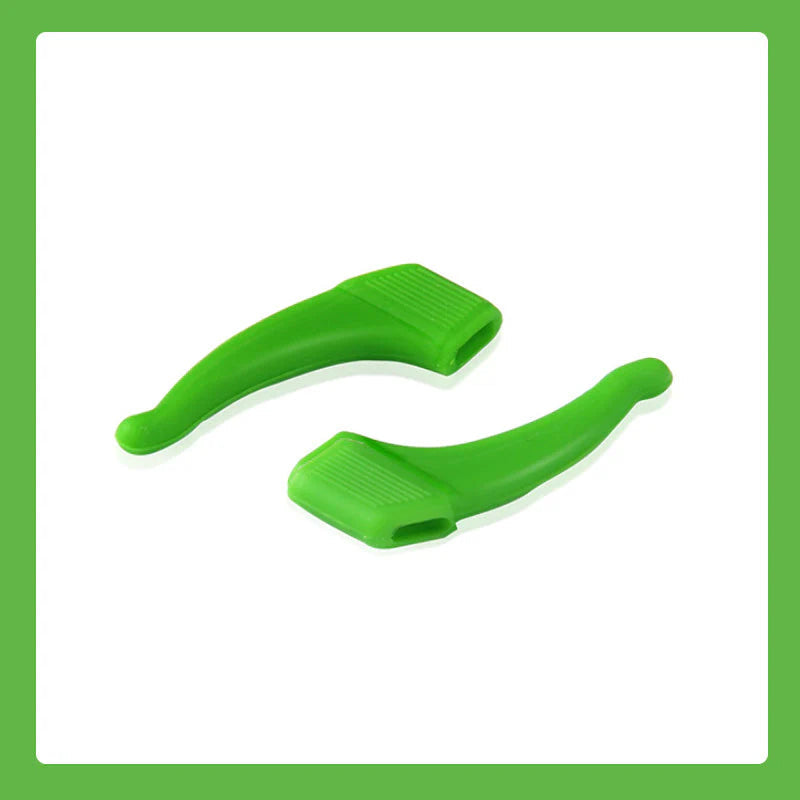 Arenzza anti-slip silicone ear hook for glasses, shown attached to eyeglasses to prevent slipping and improve fit.