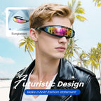 A pair of lightweight futuristic shield sunglasses by Arenzza with reflective lenses and sleek design for stylish protection.