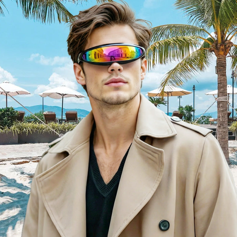 Aarenza lightweight futuristic shield sunglasses with sleek design and reflective lenses, designed for modern fashion and sun protection.