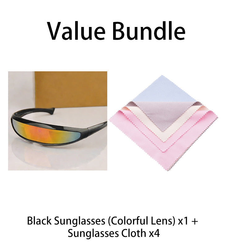 A pair of lightweight futuristic shield sunglasses by Arenzza with sleek, reflective lenses and a modern design.