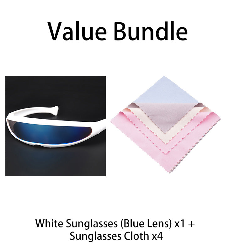 A pair of lightweight futuristic shield sunglasses by Arenzza with sleek, reflective design and clear lenses.