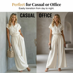A woman wearing the Arenzza elegant two-piece shirt and wide-leg pants set, featuring a tailored shirt and flowy trousers.