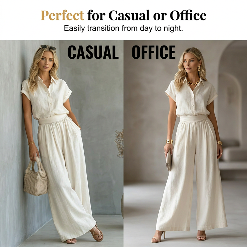 A woman wearing the Arenzza elegant two-piece shirt and wide-leg pants set, featuring a tailored shirt and flowy trousers.