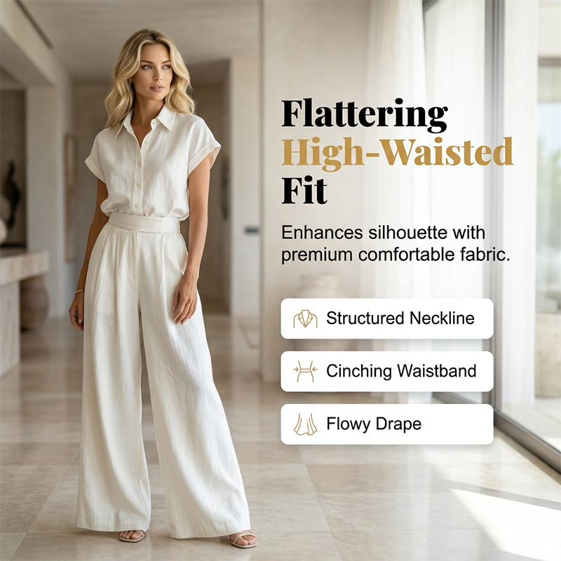 A woman wearing an elegant two-piece Arenzza shirt and wide-leg pants set, showcasing a stylish, coordinated clothing ensemble.