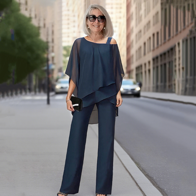 Aarenza women's irregular chiffon top and wide-leg pants 2-piece set, stylish and flowy clothing for women.