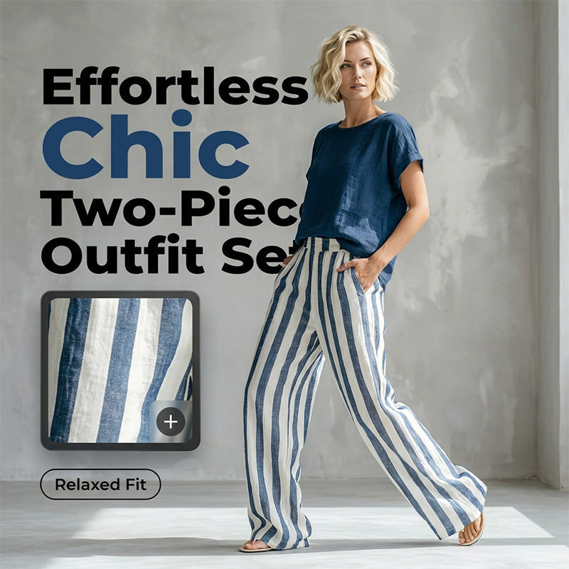 A woman wearing Arenzza casual solid top and striped wide-leg pants, perfect for effortless weekend style.