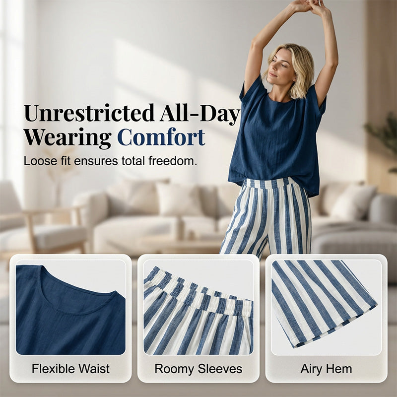 A woman wears Arenzza casual solid top and striped wide-leg pants, showcasing effortless weekend style and comfortable clothing.