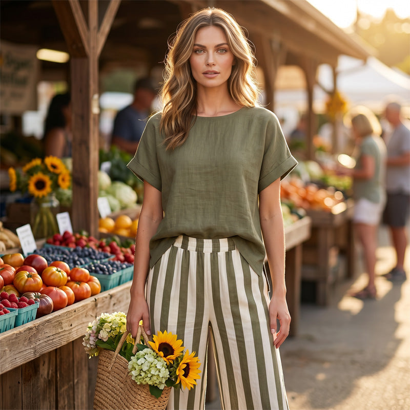 A woman wearing Arenzza casual solid top and striped wide-leg pants, showcasing effortless weekend style and comfortable clothing.