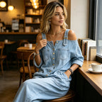 Aarenza loose fit wide-leg jumpsuit with pockets, casual clothing in neutral fabric, styled for effortless comfort and versatile wear.