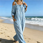 Aarenza loose fit wide-leg overall jumpsuit with pockets, featuring a relaxed style and effortless comfort, in a neutral fabric.