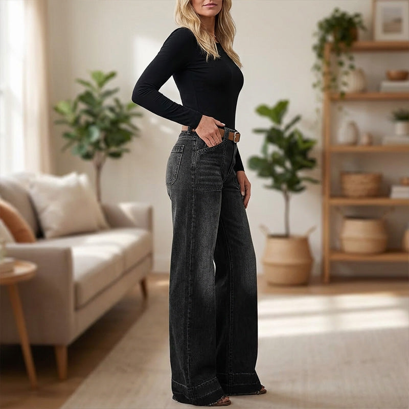 A pair of women's retro flare jeans with pockets from Arenzza, featuring a high-waisted fit and classic denim wash.