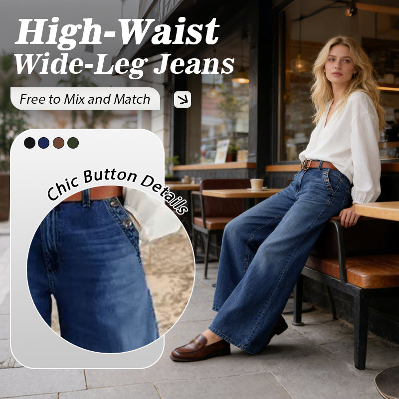 A pair of Arenzza high-waist wide-leg jeans with button details, showcasing a casual, stylish denim fit and relaxed silhouette.