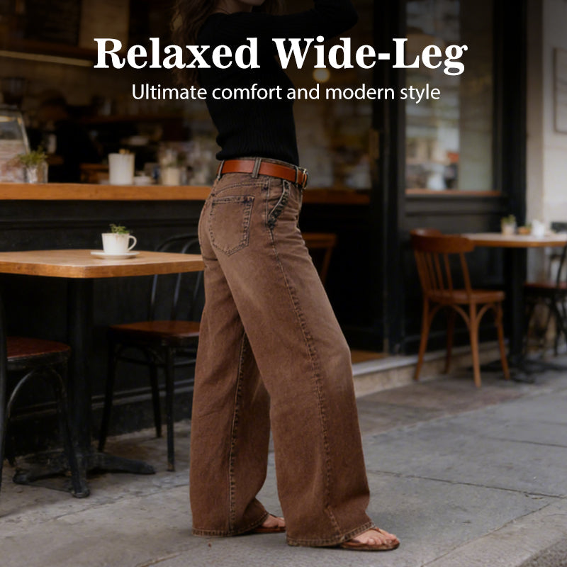 A pair of Arenzza high-waist wide-leg jeans featuring button details, shown hanging on a wooden rack with a casual, stylish background.