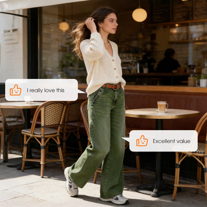 A pair of Arenzza high-waist wide-leg jeans with button details, showing the denim fabric and stylish fit.