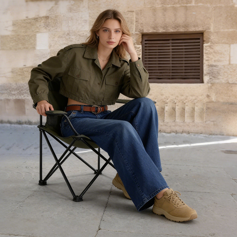 A pair of Arenzza high-waist wide-leg jeans with button details, showcasing the fit and stylish design on a white background.
