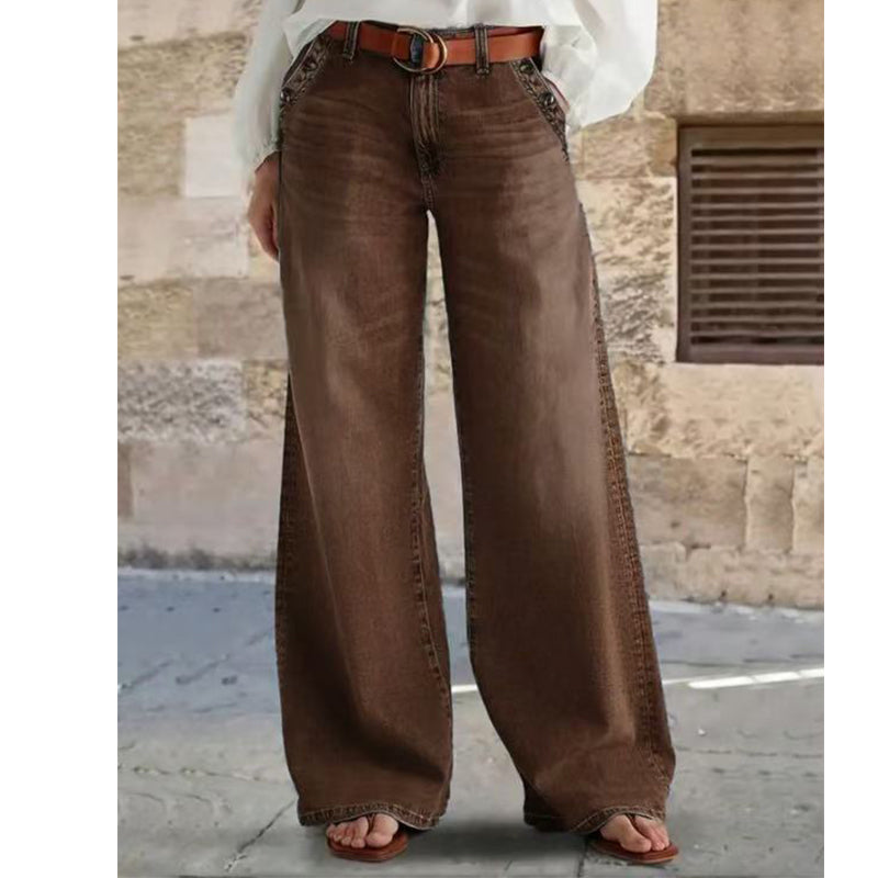 A pair of high-waist wide-leg jeans with button details from Arenzza, featuring a classic denim look and relaxed fit.