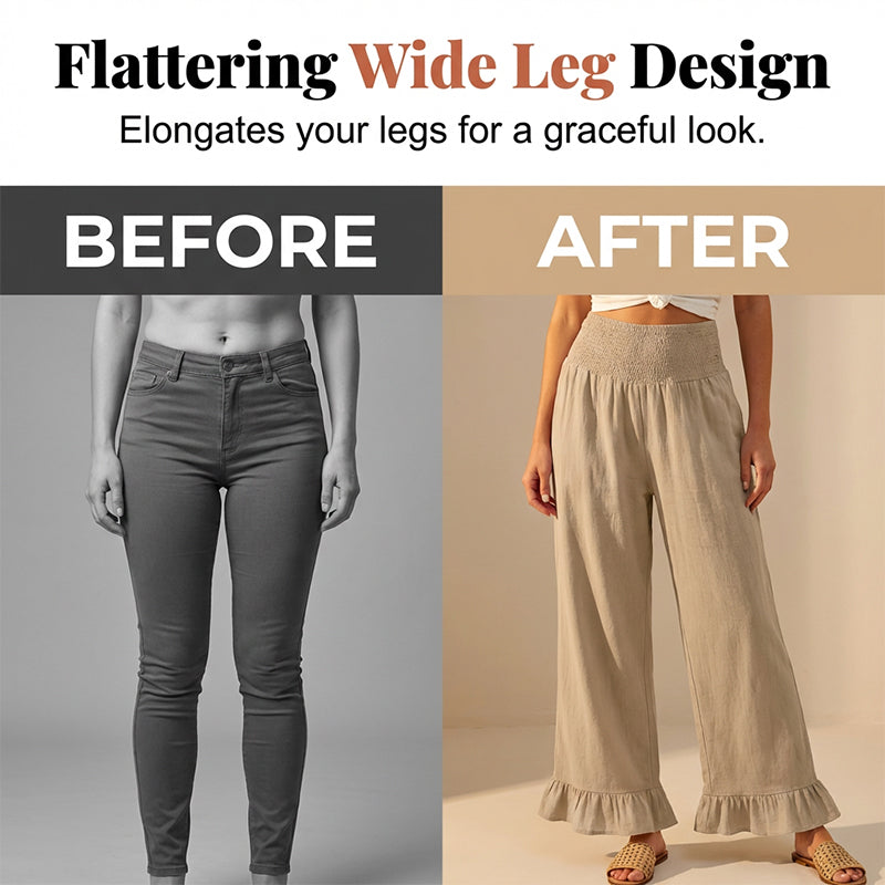 A pair of Arenzza boho style ruffle trim lounge pants for women, featuring flowy fabric and relaxed fit in soft neutral tones.